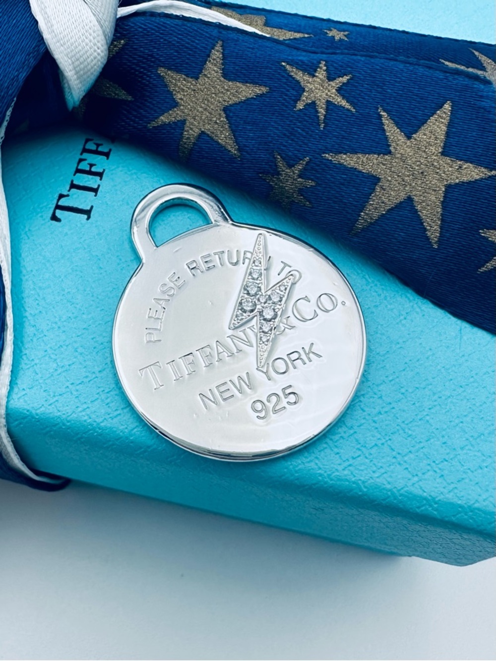 RARE Return to Tiffany & Co. Diamond Lighting Bolt Large Round Charm w Packaging